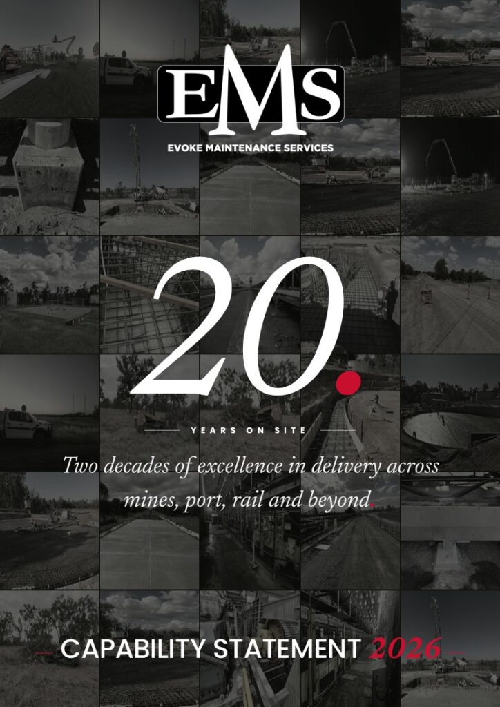 A collage of black-and-white images of industrial sites forms the background. The text overlays: "EMS Evoke Maintenance Services, 20 years on site. Two decades of excellence in delivery across mines, port, rail and beyond. Capability Statement 2026.